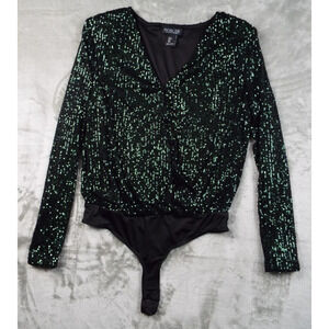 RACHEL ZOE Top Womens Small Dark Green Sequin Surplice Body Suit Party Club NWOT